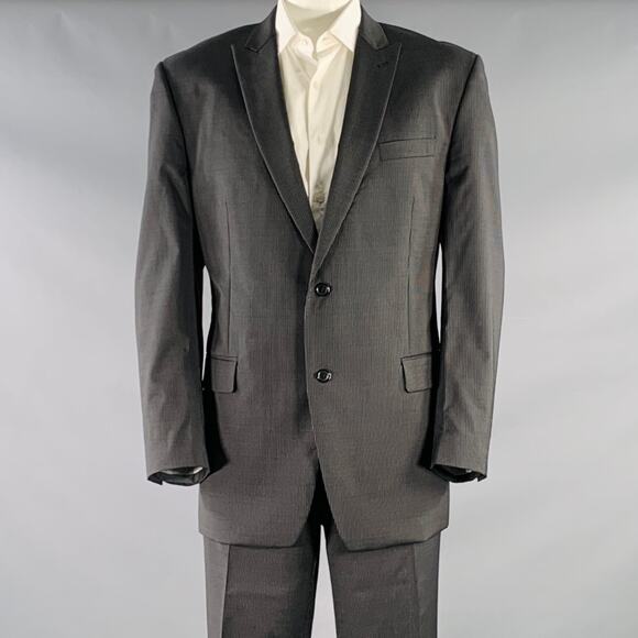 CALVIN KLEIN Size 46 Black White Pinstripe Wool Single Breasted Suit - Picture 1 of 13